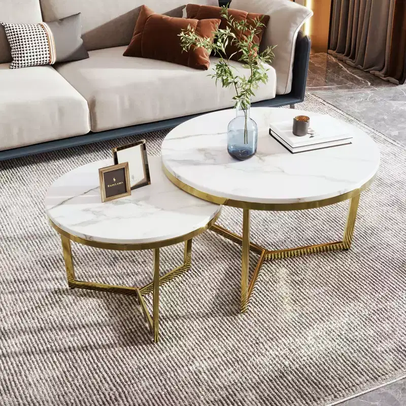 Okak Modern Coffee Table Set of 2 Nesting Tables, Round Side Table for Living Room, Accent Table with Marbling Top Gold Base