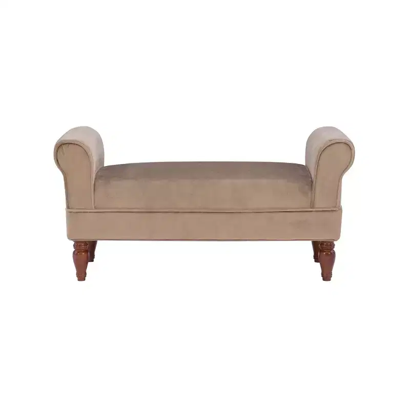 Velvet Upholstered Bench with Rolled Arms