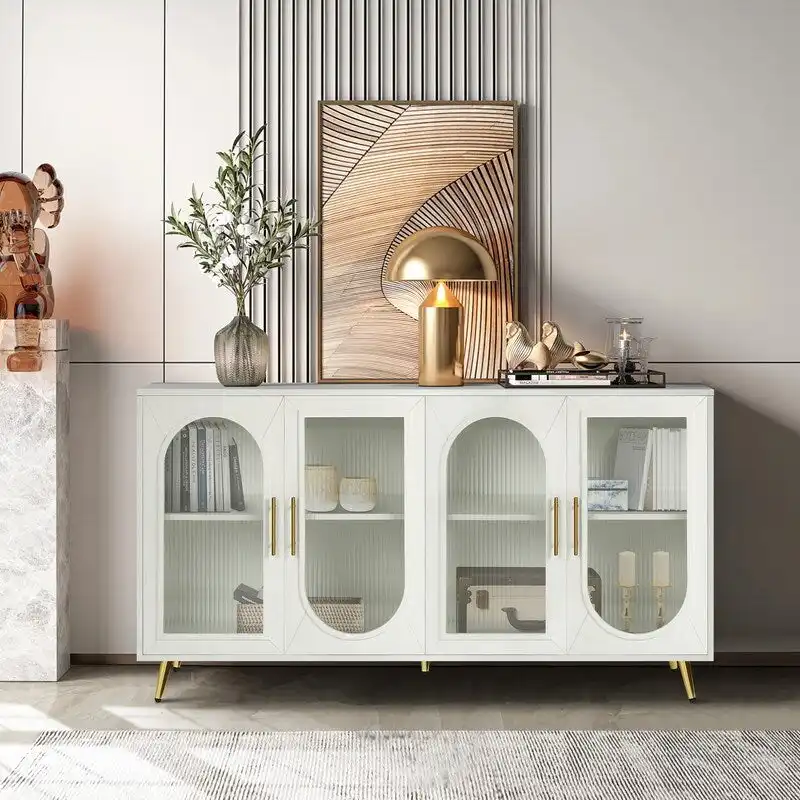 Grondin Mid-Century Modern Style 59.8  Wide Sideboard Buffet with Fluted Tempered Glass Doors and Adjustable Shelves