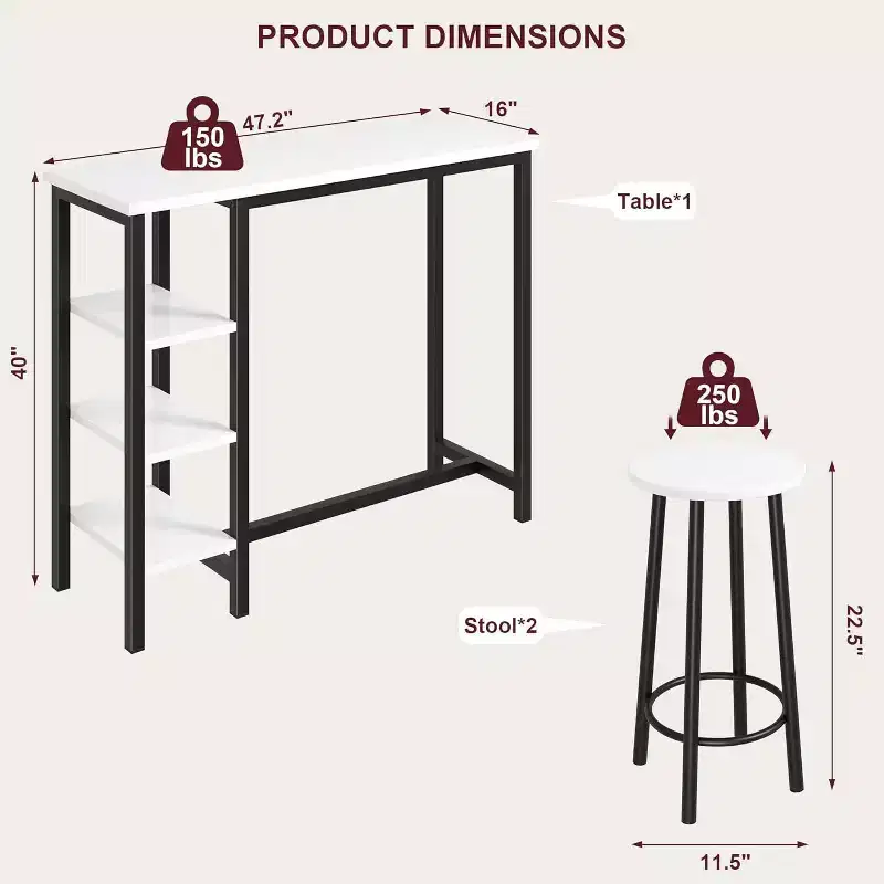 3 Piece Kitchen Table Set, 1 Dining Table & 2 Stools, Counter Height Dining Table with 3 Storage Shelves for Small Space, Apartment, Kitchen