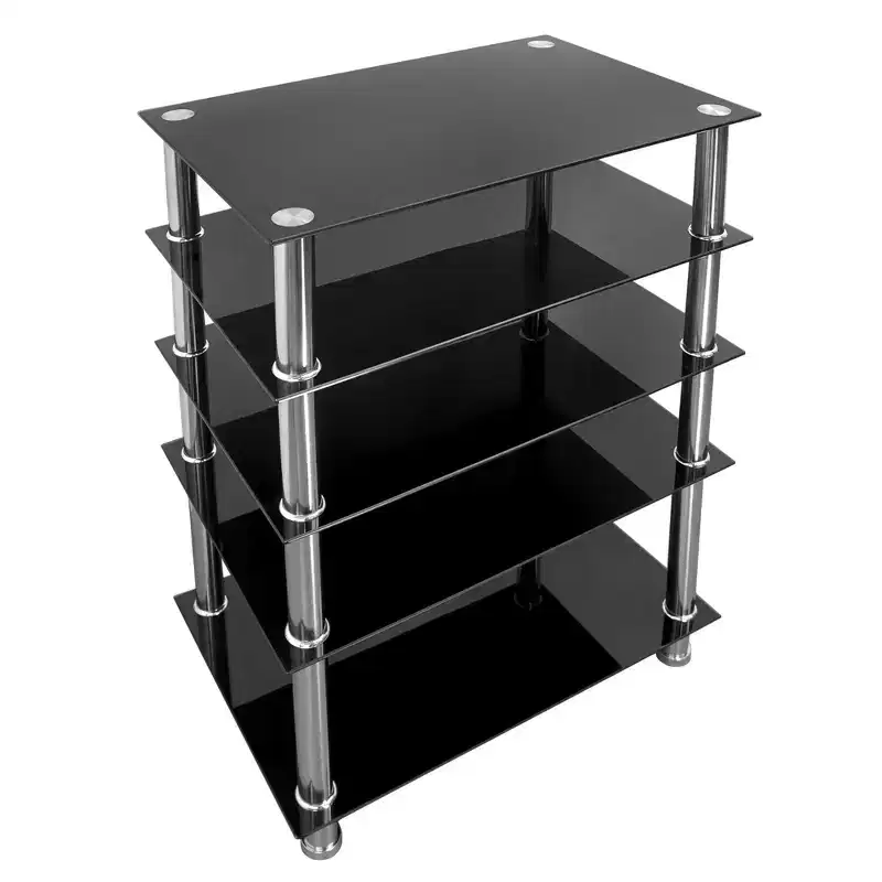 Tempered Glass AV Component Media Stand, Audio Tower and Media Center with 5 Shelves, 220 Lbs Total Capacity, Black Shelves Chrome Legs