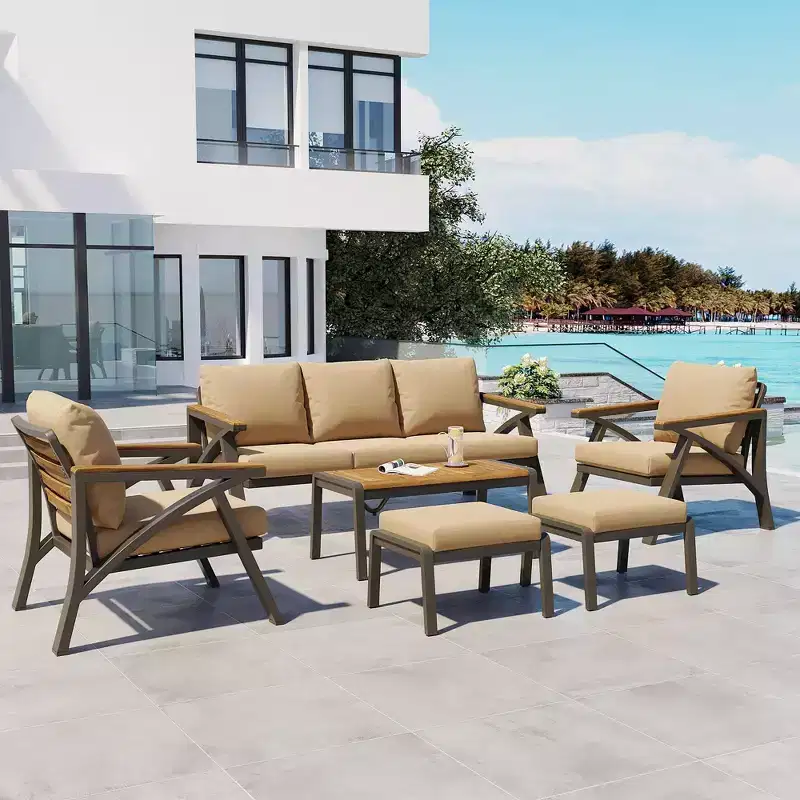 GDFStudio Carter Patio Modern 6-Piece Steel Frame Sofa Set with Acacia Wood Coffee Table, Cushioned Seating