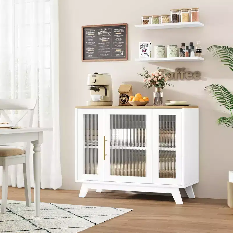 Buffet Cabinet with Storage, 36 Sideboard Cabinet with Fluted Glass Door, Retro Coffee Bar Station with Adjustable Shelf, Natural