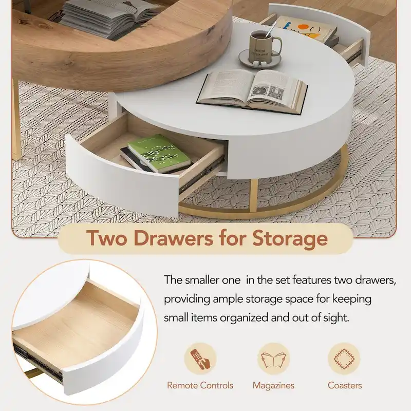Modern Round Lift-top Nesting Coffee Tables with 2 Drawers White & Black