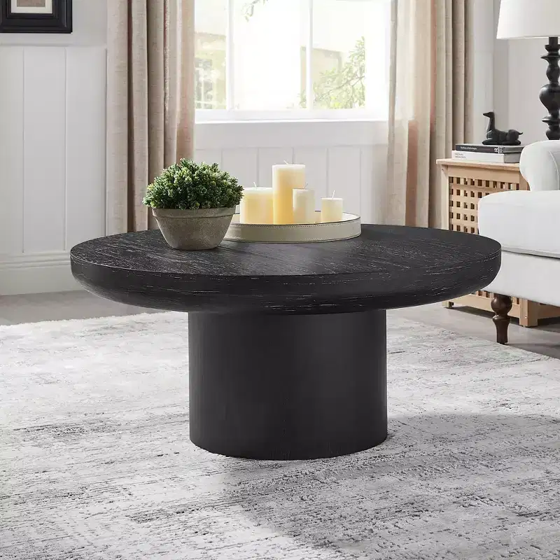 Okak 36L Round Coffee Table for Living Room, Wood Veneer Tabletop, Sofa Side Table with Cylindrical Leg for Small Space Home Office