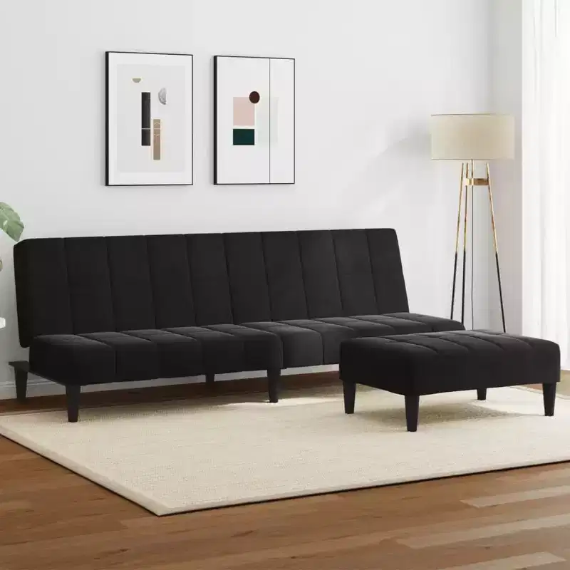 vidaXL 2-Seater Sofa Bed with Footstool - Black Velvet Upholstered Convertible Couch for Living Room, Bedroom, Studio, 78.7 x 33.3 x 27.2