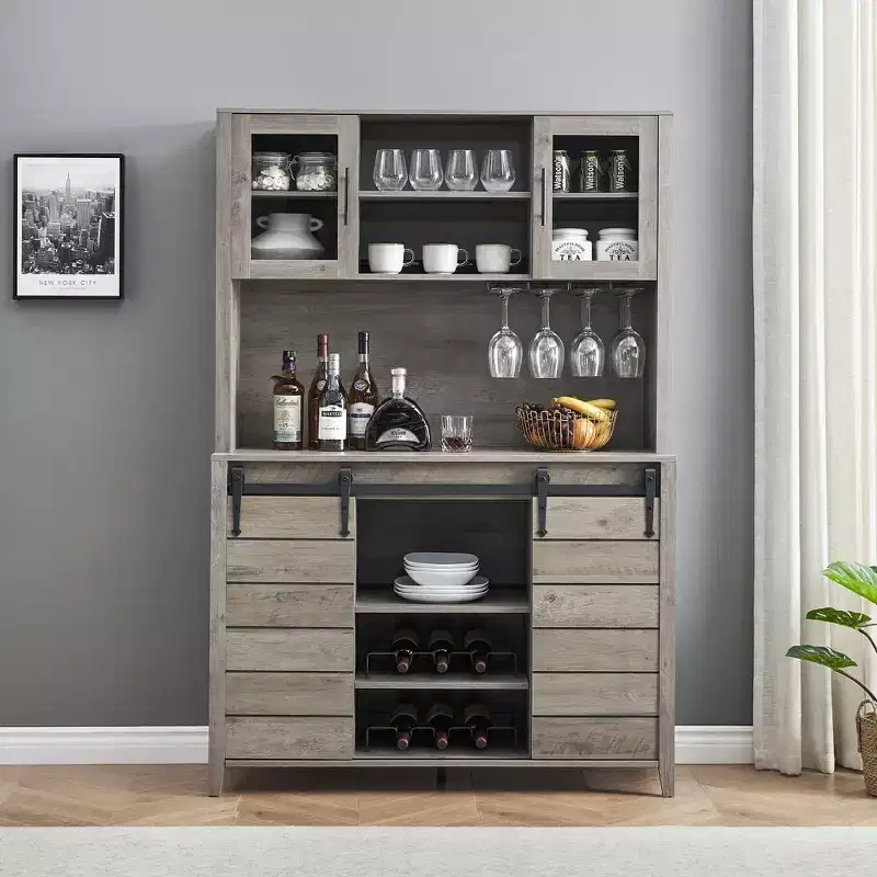 70-Inch Farmhouse Coffee Bar and Wine Cabinet with Sliding Barn Doors, Kitchen Hutch with Wine Rack and Glass Holder, Pantry Storage Cabinet