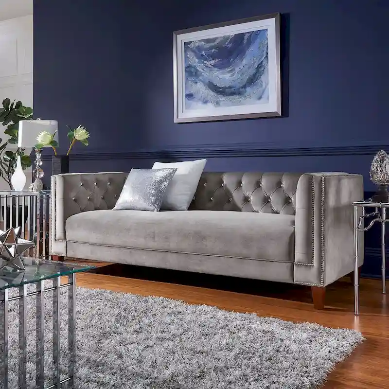 Layla Jewel-tuft Grey Velvet Seating with Nailhead by iNSPIRE Q Bold