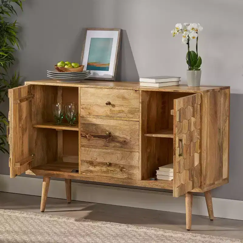 Boho Handmade Mango Wood Sideboard with Storage, Natural