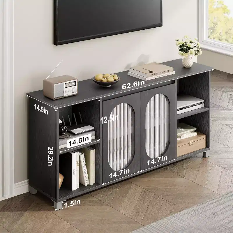 COZONY 63 Inch TV Stand Entertainment Center with Rattan Doors Adjustable Shelf Media Console Iron Feet