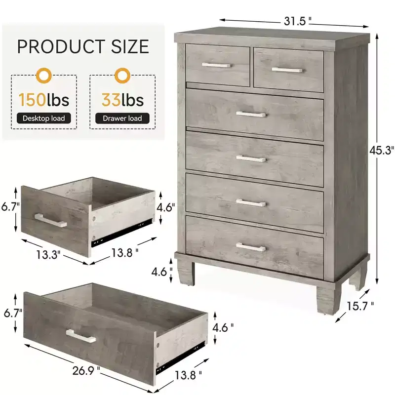 Dresser for Bedroom with 6 Drawers, 45 Tall Chests of Drawers w/Storage, Large Drawer Dresser for Closet, Wooden Storage Cabinet for Entryway
