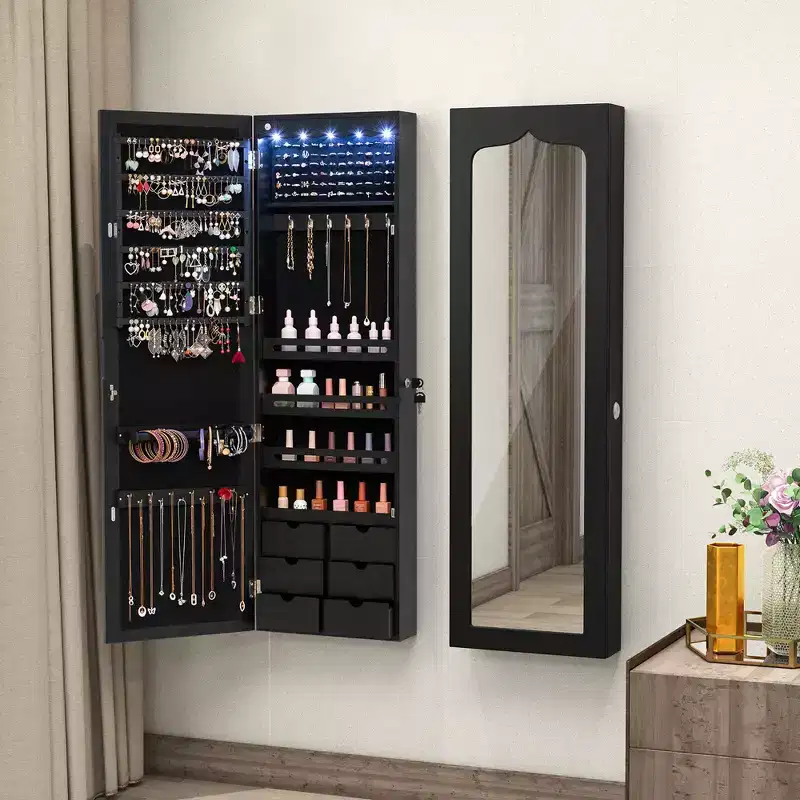 Costway Wall Door Mounted LED Mirror Jewelry Cabinet Lockable Armoire w/6 Drawers Black