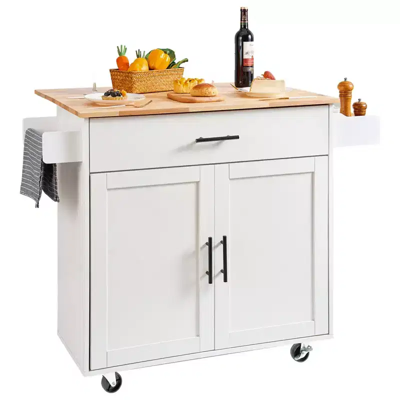 VEVOR Kitchen Island Cart with Solid Wood Top,35.4 Width Mobile Carts with Storage Cabinet, Rolling Kitchen Table with Spice Rack, Towel Rack, White