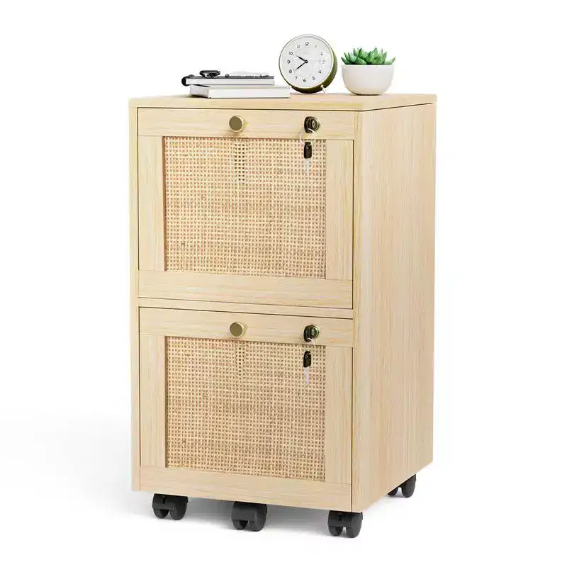 2-Drawer Vertical File Cabinet, MDF, Rattan-Inspired Design, Locking Drawers, Anti-Tilt, Beige, 14.96