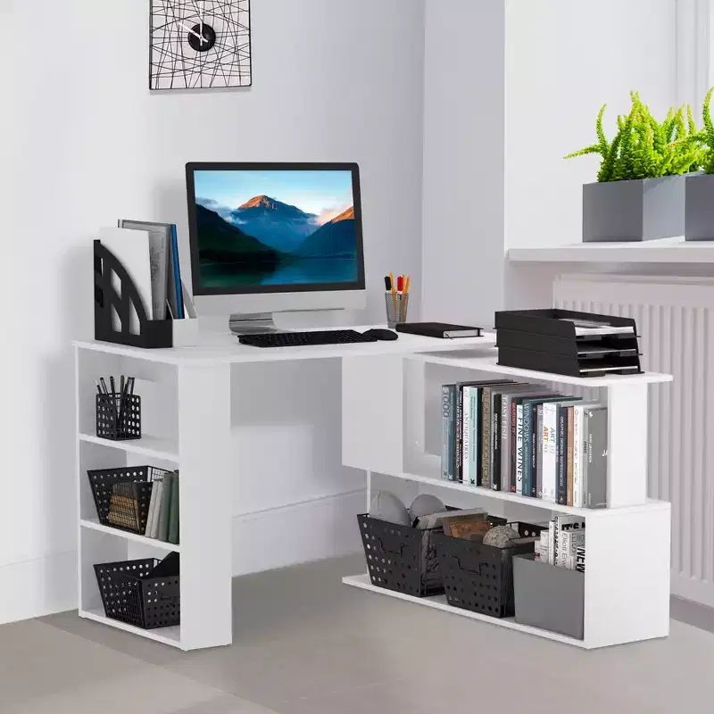 Rotating L Shaped Computer Desk with Shelves Space Saving Corner Desk with Storage