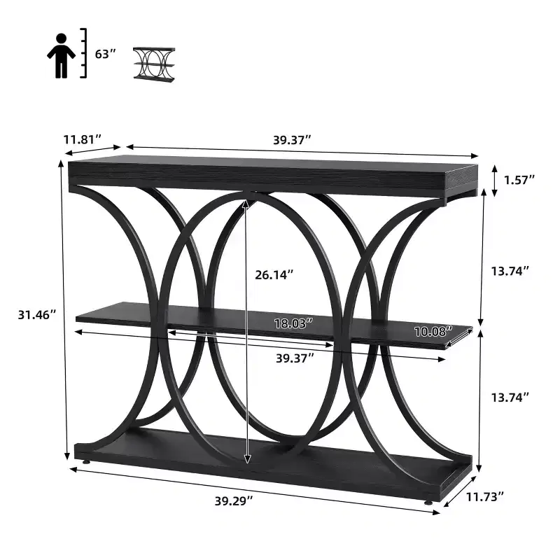 COZONY 39 Narrow Console Table, Industrial 6-Tier Sofa Table with Round Metal Base & Storage Shelves, Entryway Table for Living Room, Hallway
