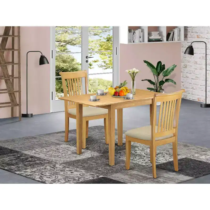 HomeStock 3-Pc Natural Brown Oak Finish Solid Wood Top Dining Table Set for Small Spaces