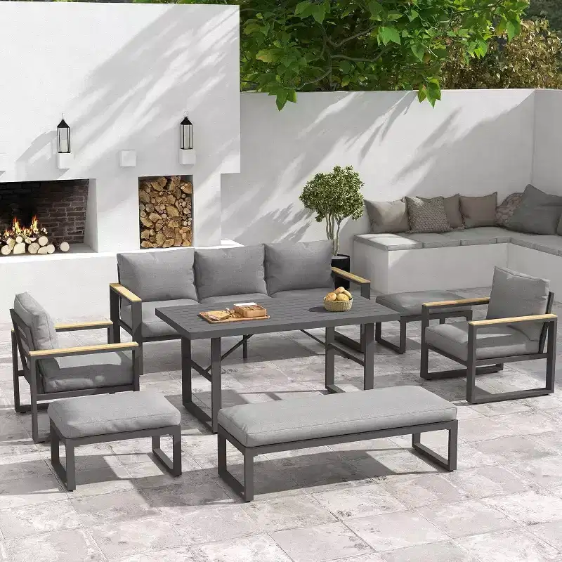 Heynemo Aluminum Patio Furniture Set, 9 Piece Outdoor Conversation Set with Dining Table, Metal Patio Furniture Set for Porch Backyard Garden