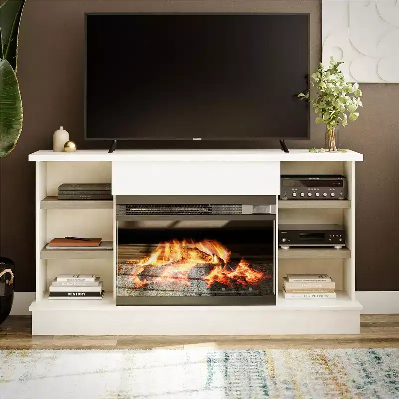 Oslo Fireplace Console for 65 TVs, Plaster and Blonde Oak