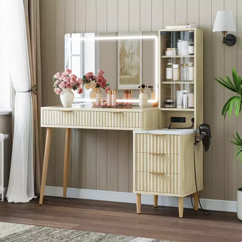36 Vanity Desk with Lighted Mirror, Wooden Makeup Table with Drawers, White & Oak Finish, LED Mirror for Bedroom