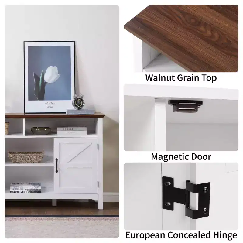 Farmhouse Sideboard Buffet Cabinet with Hinged Barn Doors, 58 Large Kitchen Storage Cabinet with Adjustable Shelves