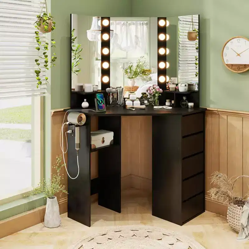 Corner Vanity Desk with 3-Color Adjustable Mirror, Power Outlet & Ample Storage
