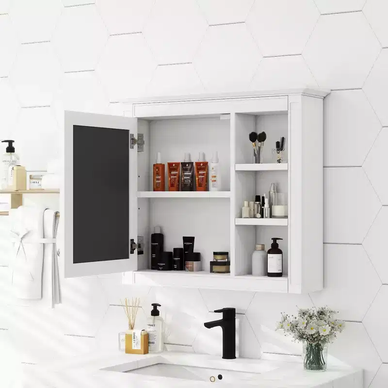 28 Medicine Cabinet, Wall Mounted Bathroom Storage Cabinet with Mirror 3 Open Shelves Modern White