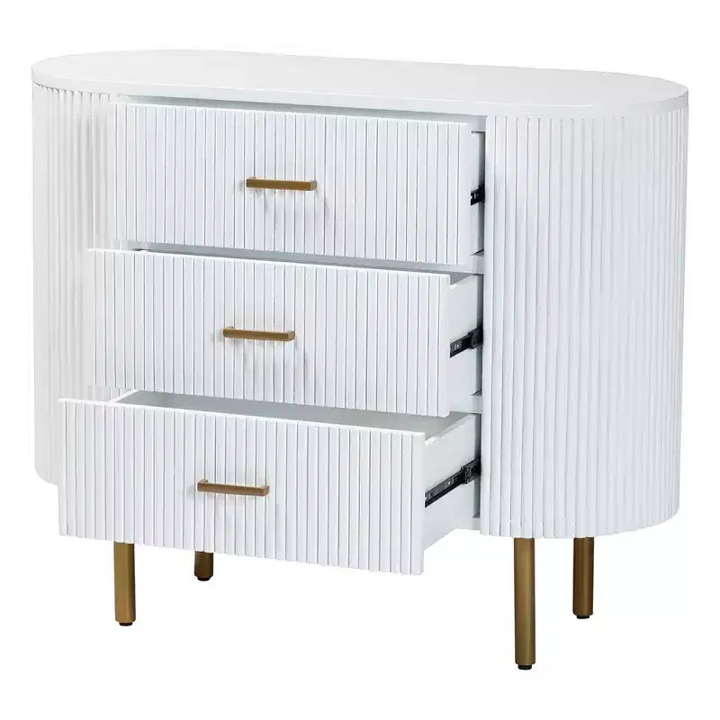 Fluted Wood and Metal 3 Drawer Dresser, White and Gold, Mid-Century Style