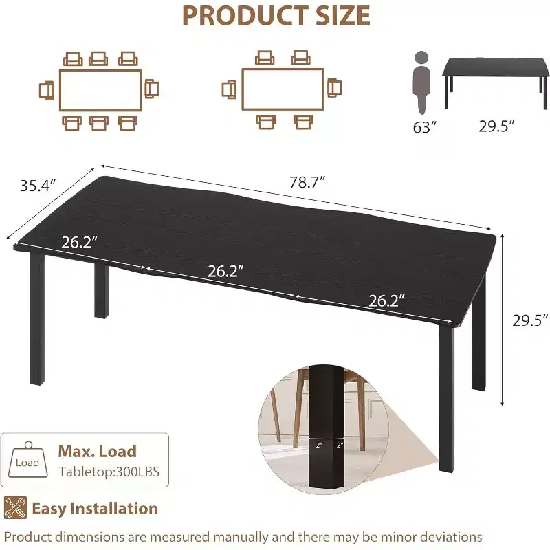 CuisinSmart Dining Table for 6-8, Rectangular Table with Unique Wave Irregular Edge,15MM Thick MDF Top & Metal Frame, for Dining Room
