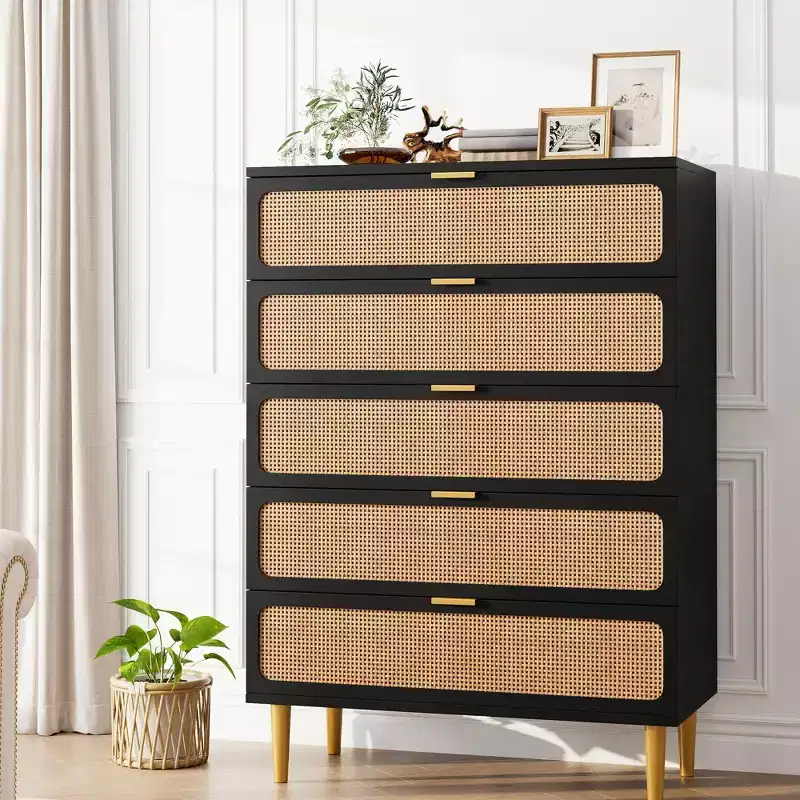 5-Drawer Rattan Dresser, Black / Natural / White, Single