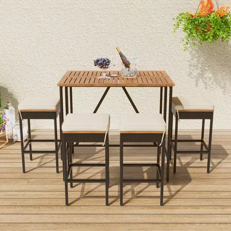 Whisen 5-Piece Outdoor PE Rattan Wicker Bar Height Table Set With Foldable Tabletop and Cushions