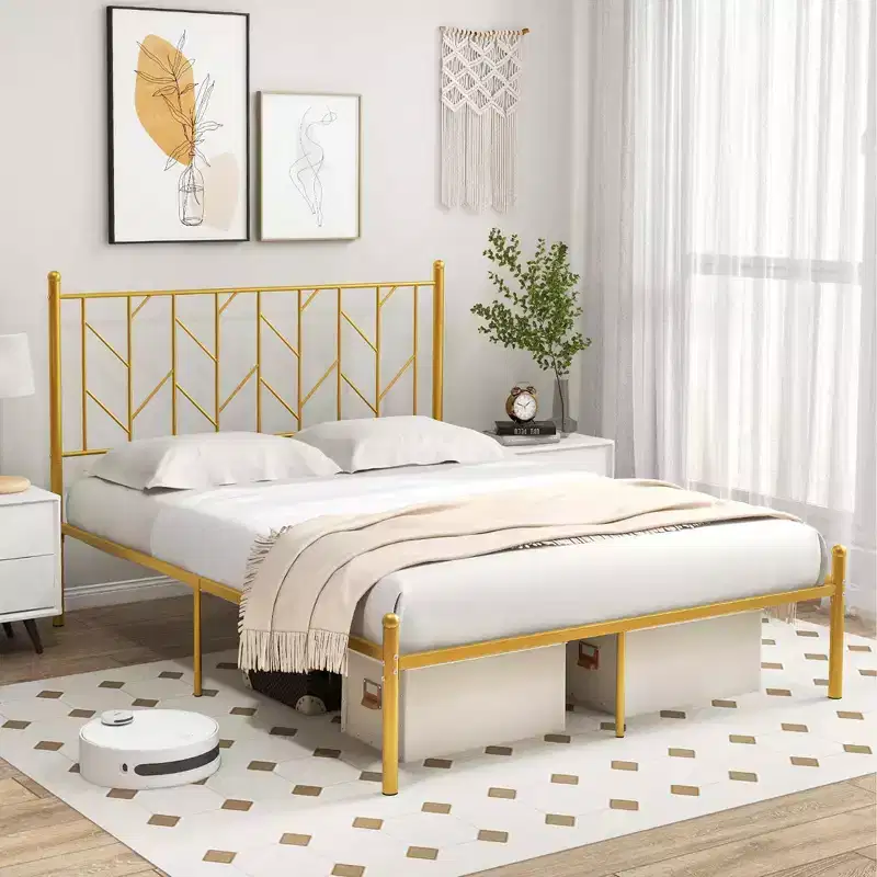 Full/Queen/Twin Size Metal Platform Bed Frame Vintage Headboard Mattress Foundation Gold