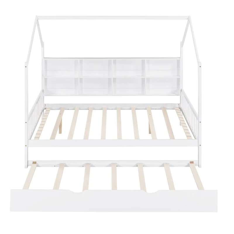 White Full Size Pinewood Kids House Platform Bed with Trundle, Shelf, and Roof