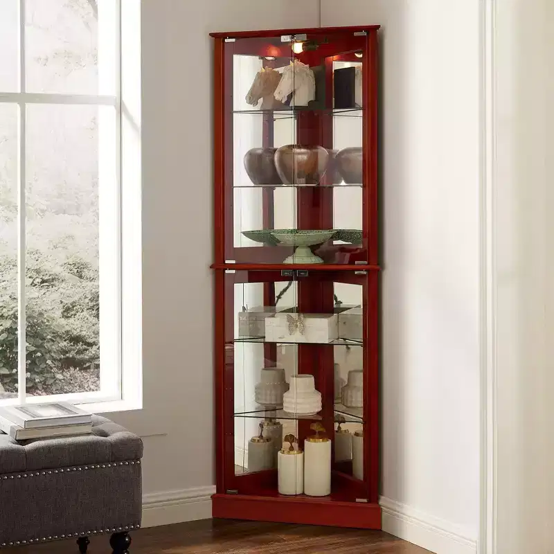 Corner Curio Cabinet, Display Cabinet with 4 Doors and Adjustable Tempered Glass Shelves, Cabinet for Living Room