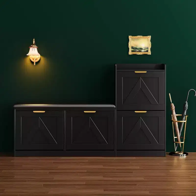 Shoe Cabinet with Bench, 4 Flip Drawers Entryway Shoe Storage Organizer with Comfort Cushioned Seat, Freestanding Shoe Rack Bench for Foyer Hallway