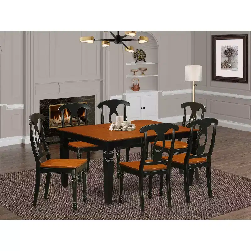 HomeStock 7-Piece Black and Cherry Finish Solid Wood Top Dining Table with 6 Chairs