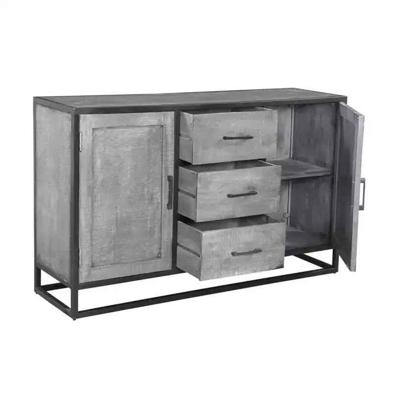 Raven Mango Wood Sideboard Gray: Metal Frame, 3 Drawers, 2 Doors