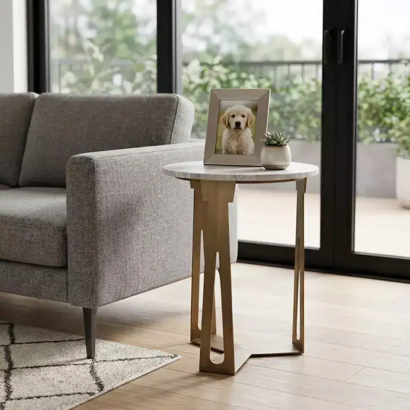 Round End Table with Marble Top and Metal Base for Living Room or Bedroom Decor - Small Side Table for Small Room Spaces - 22, Ivory & Gray
