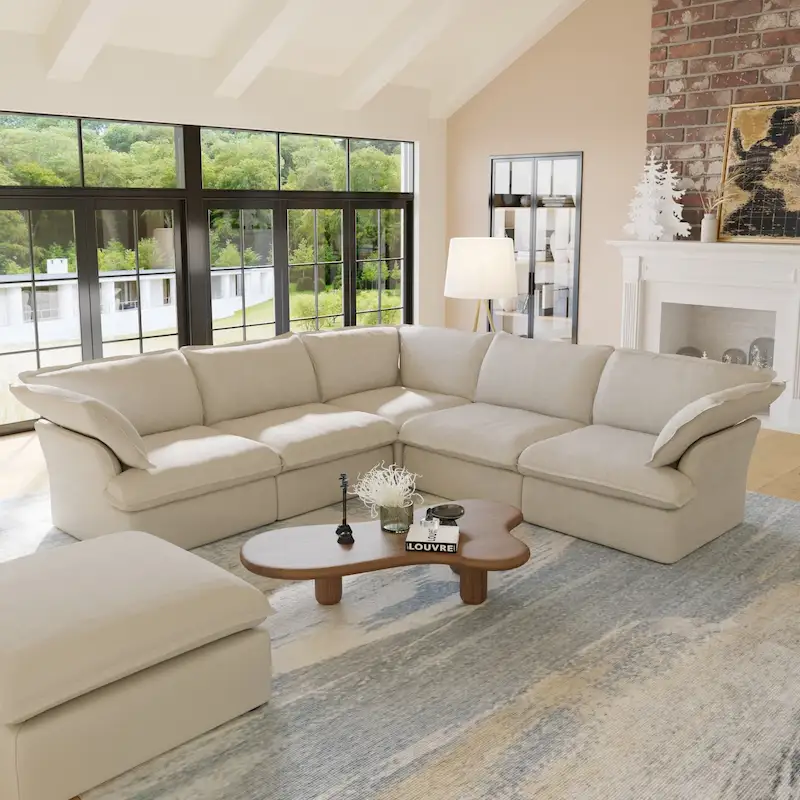 L-shape Linen Sofa Modern Upholstered Sectional Sofa with Ottoman