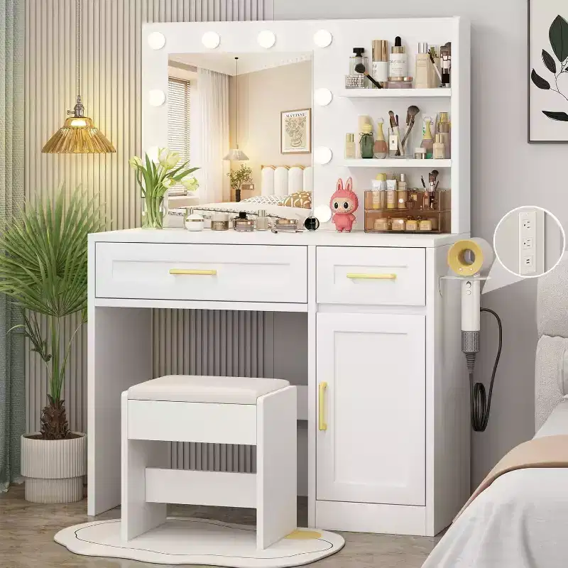 BALHAM TRADE-Vanity Desk with Lights & Power Drawer Storage Shelves 3 Lighting Modes Adjustable Brightness