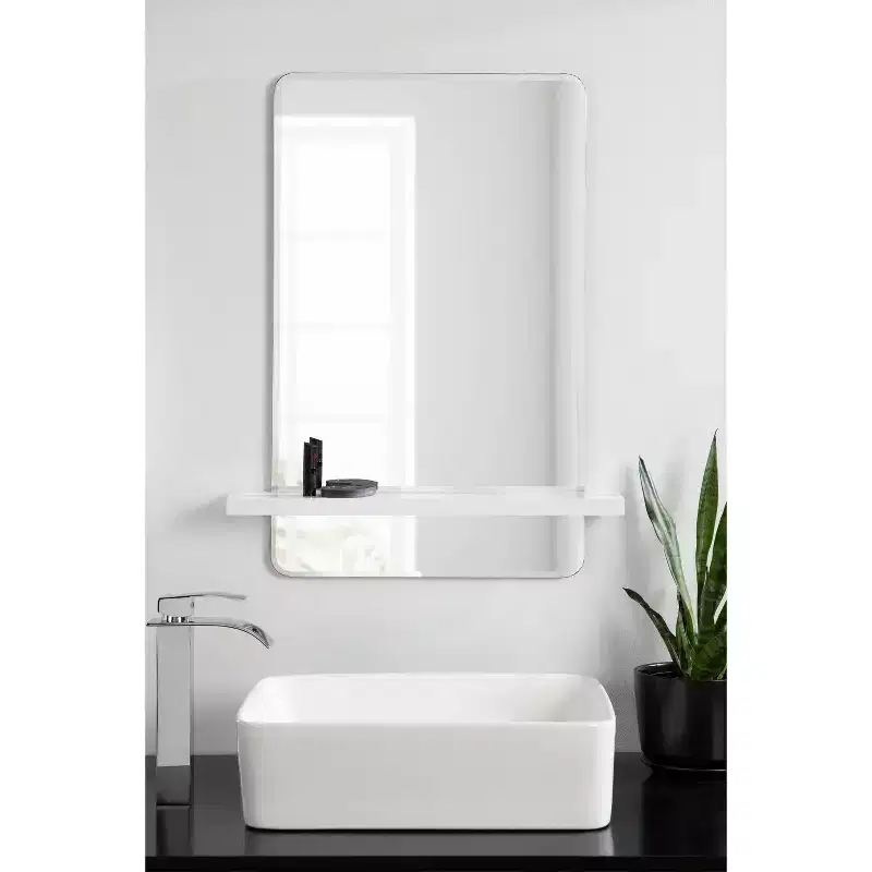 22x30 Inch Frameless Bathroom Vanity Wall Mirror with Shelf in White Mid-Century Style