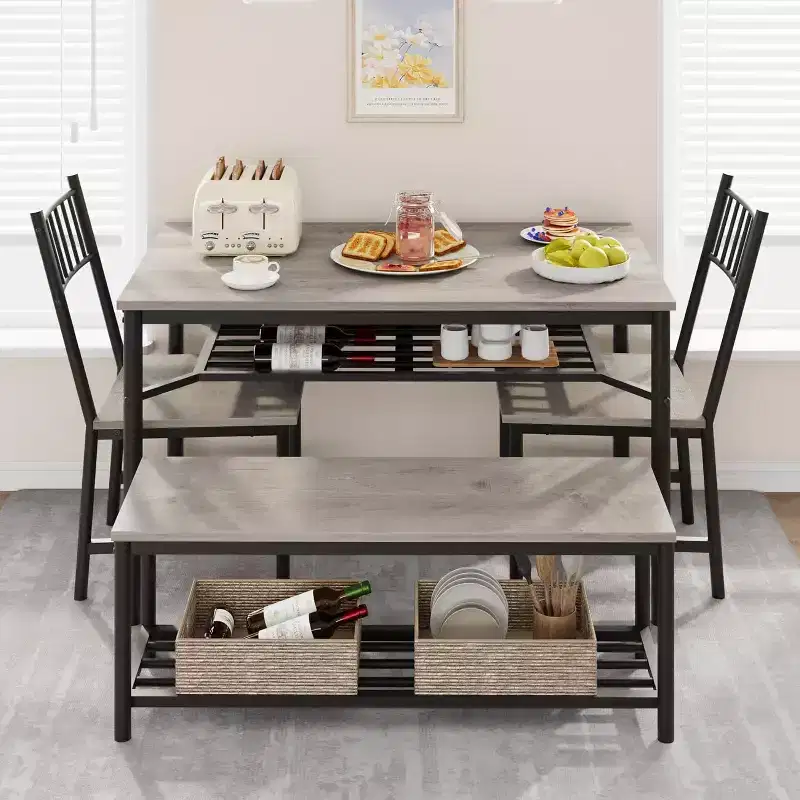 Dining Table for 4 with Bench and 2 Chairs, Rectangular Kitchen Table with Wine Rack and Storage Benches