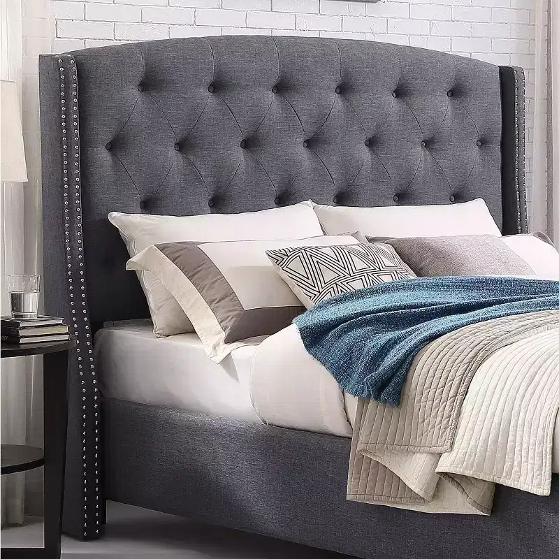 Fabric Button Tufted Wingback Upholstered Bed with Nail Head Trim, Gray