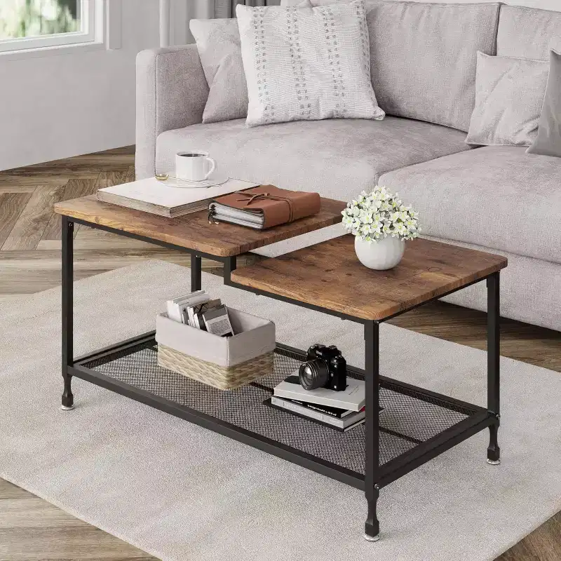 Industrial Coffee Table 2-Tier Rectangle Storage Cocktail Table Living Room Table with Mesh Shelf Metal Frame Sturdy Coffee Table, Rustic Brown