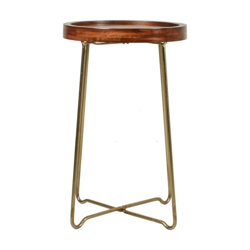 Gold Iron And Natural Wood Round Accent Table by East at Main