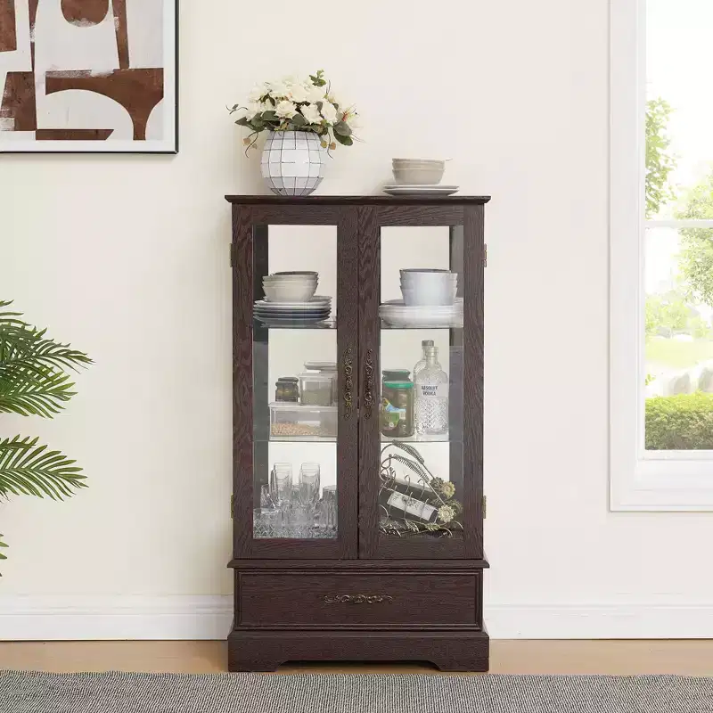 AndMakers 25.98 in. Display Cabinet with 1 Drawer and 2 Glass Doors