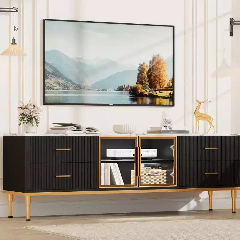 65 Inch TV Stand with LED Lights, Modern Console Table with 4 Drawers, Shelves & Glass Doors for 55-75 Inch TVs