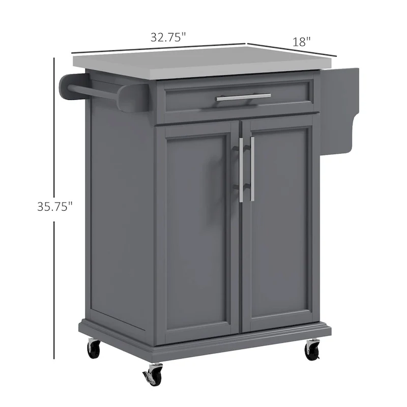 Kitchen Island on Wheels, Rolling Kitchen Cart with Stainless Steel Countertop, Drawer, Gray