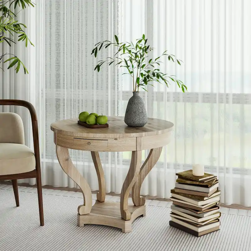 Curved Legs Farmhouse Style Small Size Round Dining Table Side Table Coffee Table for Dinette, Kitchen