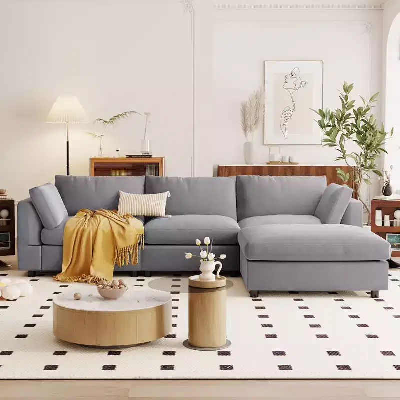 Convertible l Shaped Sectional Sofa with Footstool, 3-4 Seat Upholstered Sofa for Living Room Apartment